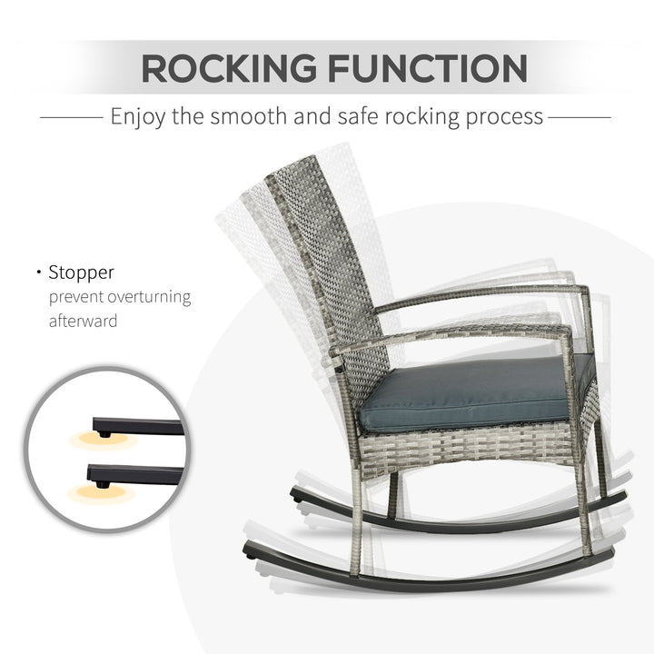 Outsunny 3 Pieces Patio Wicker Rocking Chair Set,  Outdoor PE Rattan Bistro Set Conversation Rocker Set with 2 Chairs 1 Coffee Table for Backyard, Deck, Poolside, Dark Grey
