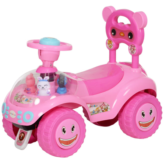 Qaba Toddlers Push Car with Horn, Light, Music, Anti-Over-Backwards Device, Steering Wheel, Under Seat Storage, Pink