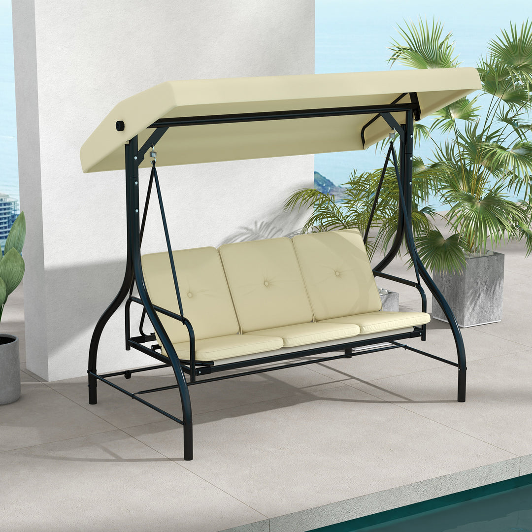 Outsunny Convertible Patio Swing Bed with Canopy and Cushions, 3 Seater Porch Swing for Outdoor, Backyard, Garden, Cream White