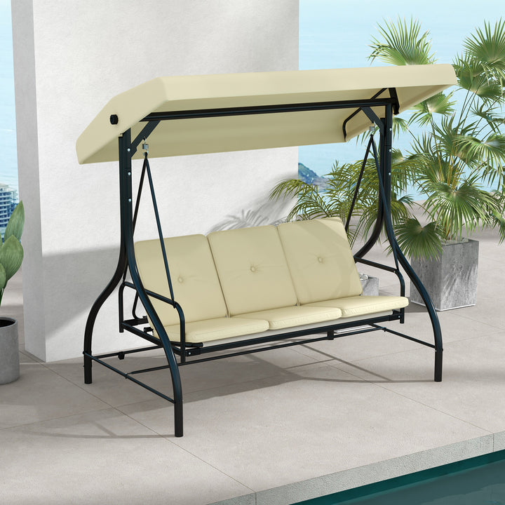 Outsunny Convertible Patio Swing Bed with Canopy and Cushions, 3 Seater Porch Swing for Outdoor, Backyard, Garden, Cream White