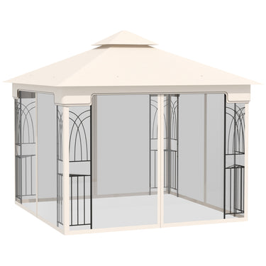 Outsunny 10'x10' Soft-top Patio Gazebo with Double Tier Roof, Mesh Curtains, Display Shelves, Top Hooks, Cream