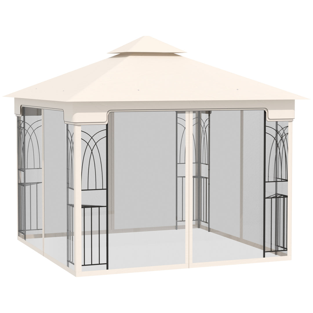 Outsunny 10'x10' Soft-top Patio Gazebo with Double Tier Roof, Mesh Curtains, Display Shelves, Top Hooks, Coffee