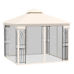 Outsunny 10'x10' Soft-top Patio Gazebo with Double Tier Roof, Mesh Curtains, Display Shelves, Top Hooks, Cream