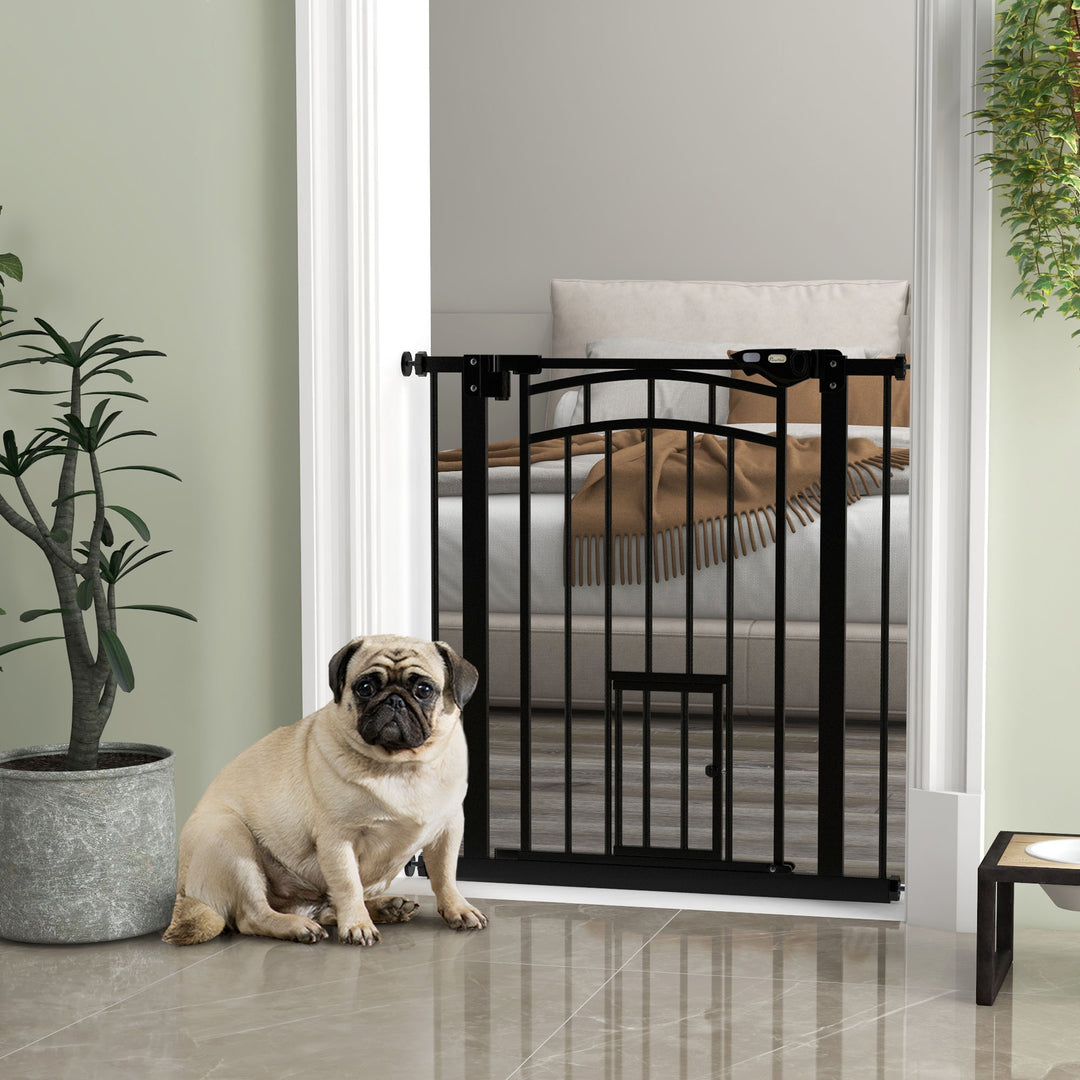 PawHut Auto-Close Pet Gate, Stair Gate with Cat Door, Double Locking for Doorways Hallways Stairs, Fits 29"-31.5" Wide, Black