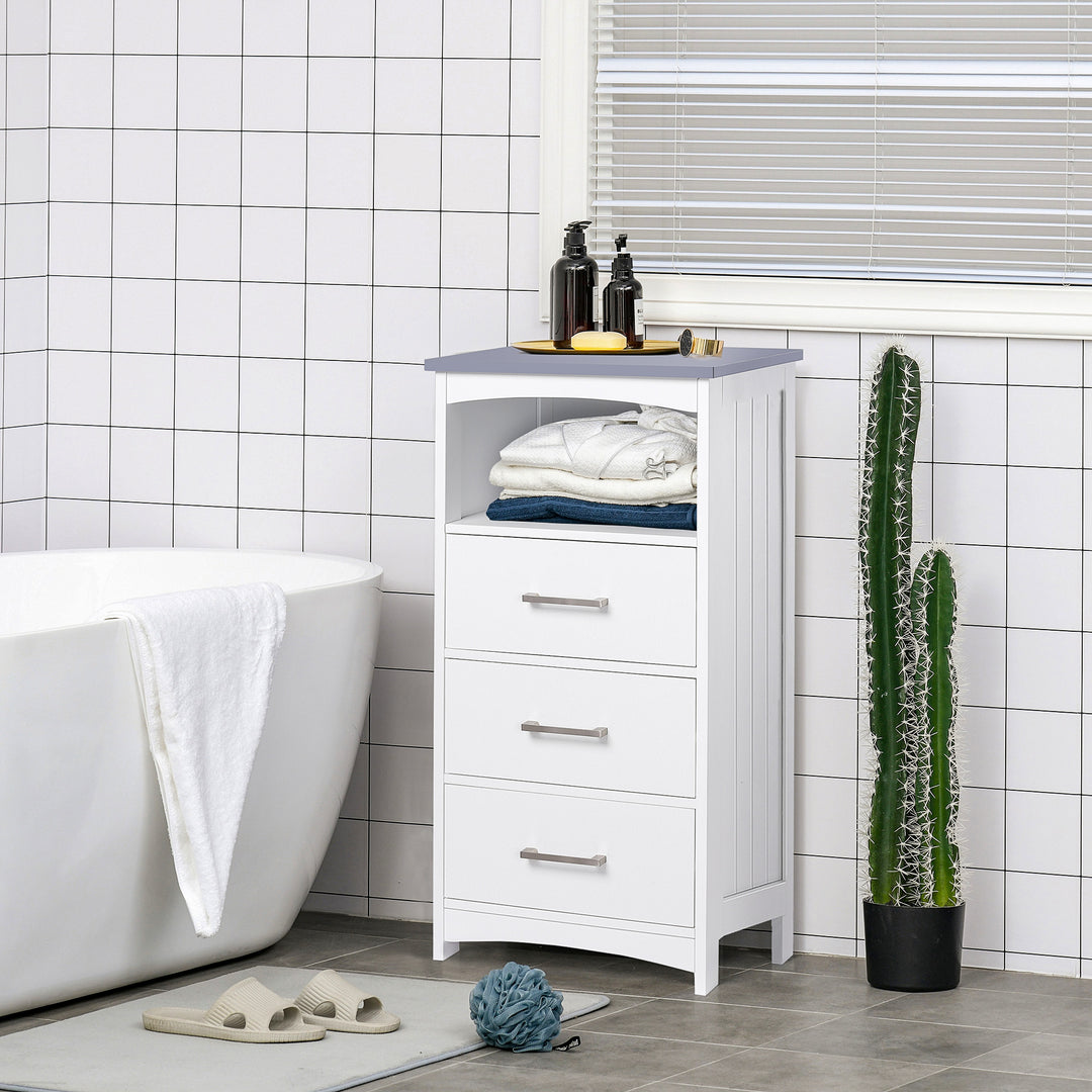 kleankin Small Bathroom Storage Cabinet, Floor Cabinet with 3 Drawers and Open Component, Narrow Bathroom Cabinet, White