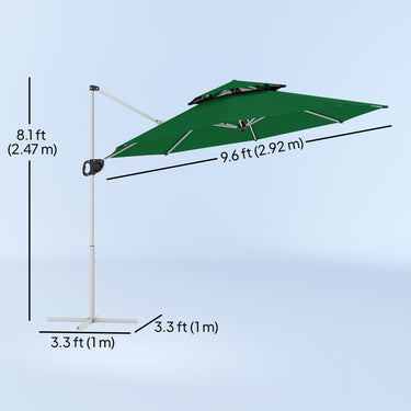 Outsunny 10 FT Cantilever Patio Umbrella with 360° Rotation & Adjustable Height, Cross Base, Crank and Tilt, Dark Green
