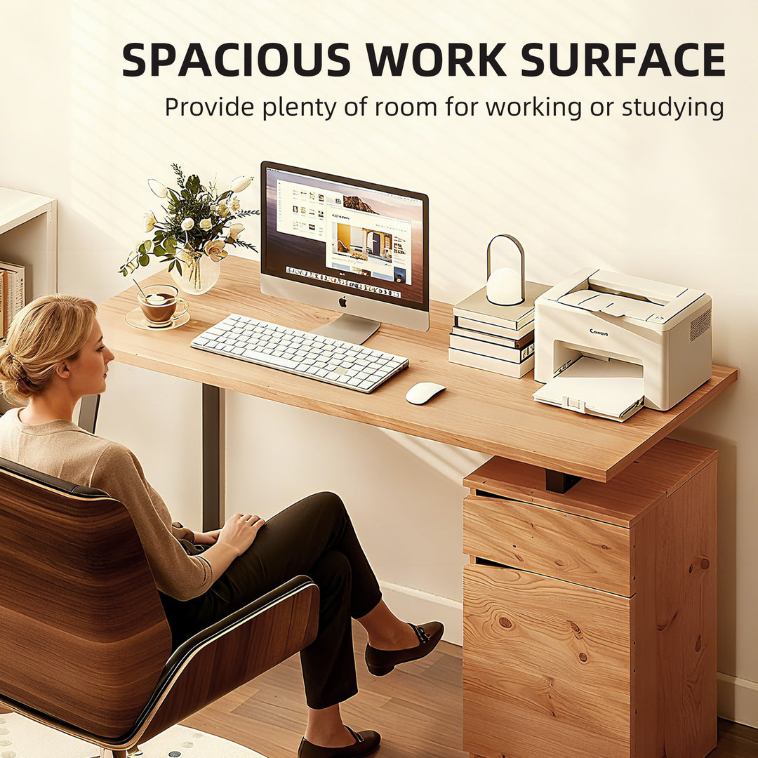 HOMCOM 53 Inch Computer Desk, Writing Table with Cabinet, Drawer, Adjustable Shelf for Home Office Study, Natural Wood