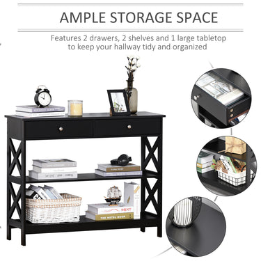 HOMCOM 39" Console Table, Narrow Entryway Table with Storage Shelves, Drawers and X Frame for Behind Couch, Living Room, Hallway, Black