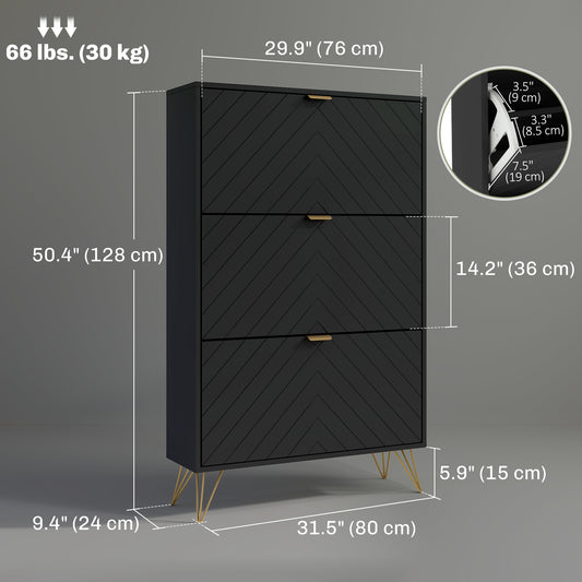HOMCOM Modern Shoe Storage Cabinet with 3 Flip Drawers for 18 Pairs, Narrow Shoe Organizer for Entryway, Hallway, Black