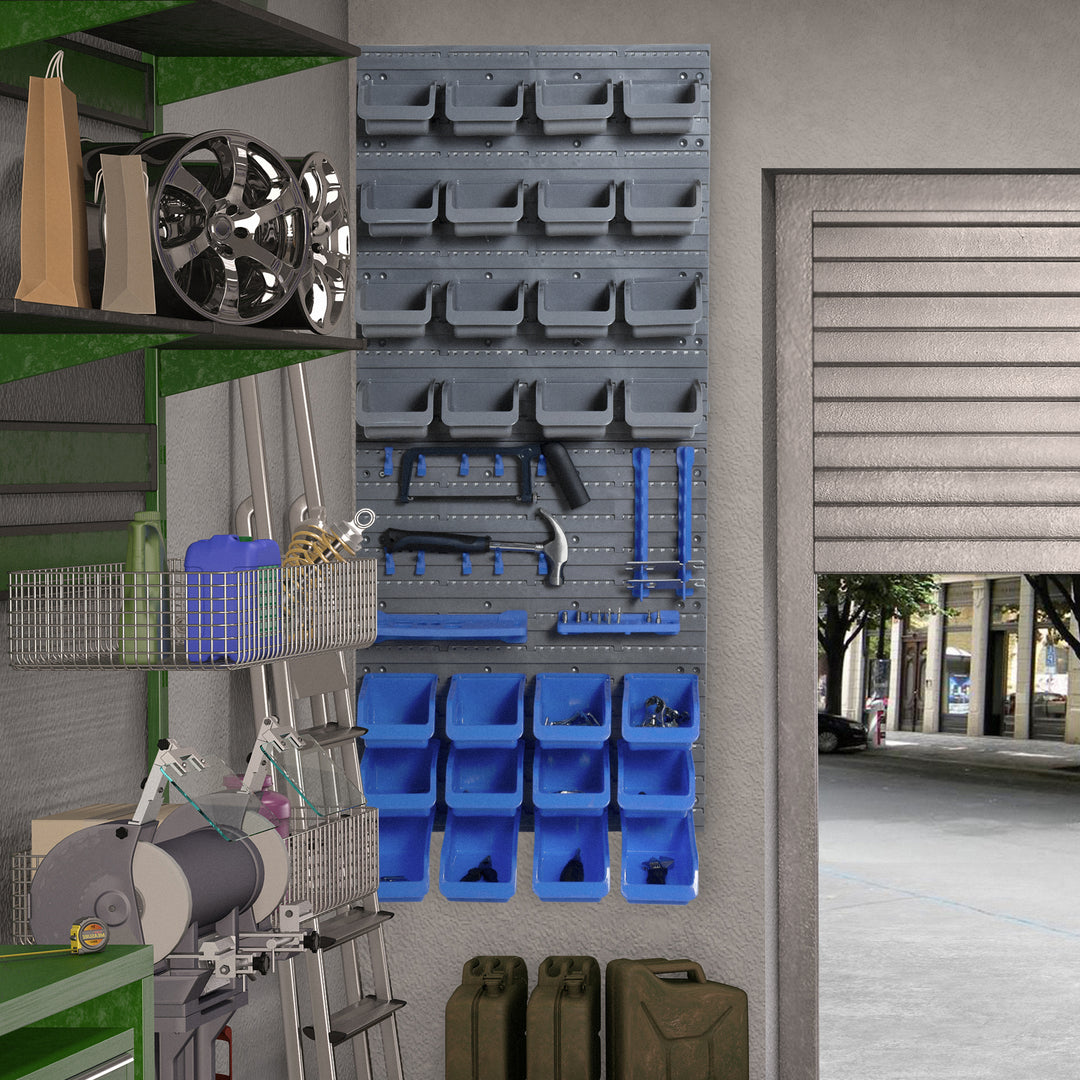 DURHAND 44PC Wall Mounted Storage Bins Parts Rack Kit with 2 Colour Parts, Hardware Screw Tool Organizer with Storage Bins, Pegboard and Hooks, Garage Plastic Organizer, Blue
