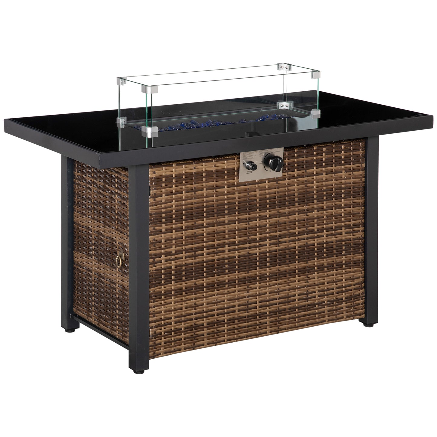 Outsunny Propane Fire Pit Table 43in Outdoor Fire Table, 50,000 BTU Pulse-Ignition Wicker Firepit Furniture with Glass Wind Guard, Blue Glass Rock, CSA Certification, Black