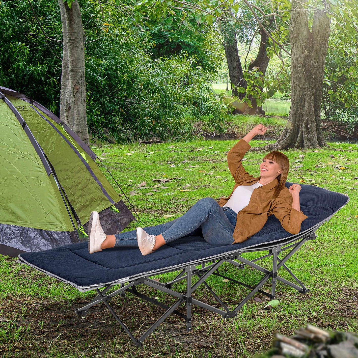 Outsunny Folding Camping Cot with Mattress & Pillow, Double Layer Oxford Heavy Duty Sleeping Cot with Carry Bag Light Grey