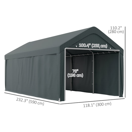 Outsunny Carport, 10 x 20 ft Portable Garage with 2 Roll-Up Doors and Removable Sidewalls for Car, Truck, Boat, Dark Grey