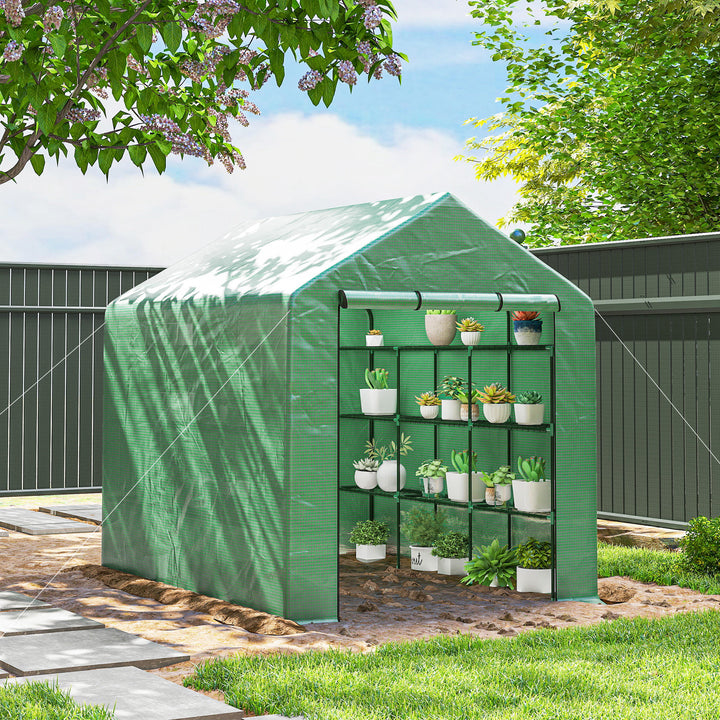 Outsunny 8' x 6' x 7' Portable Walk-In Greenhouse Hot House with 18 Shelves,  Water/UV Resistant Weather Cover, & Roll Up Door
