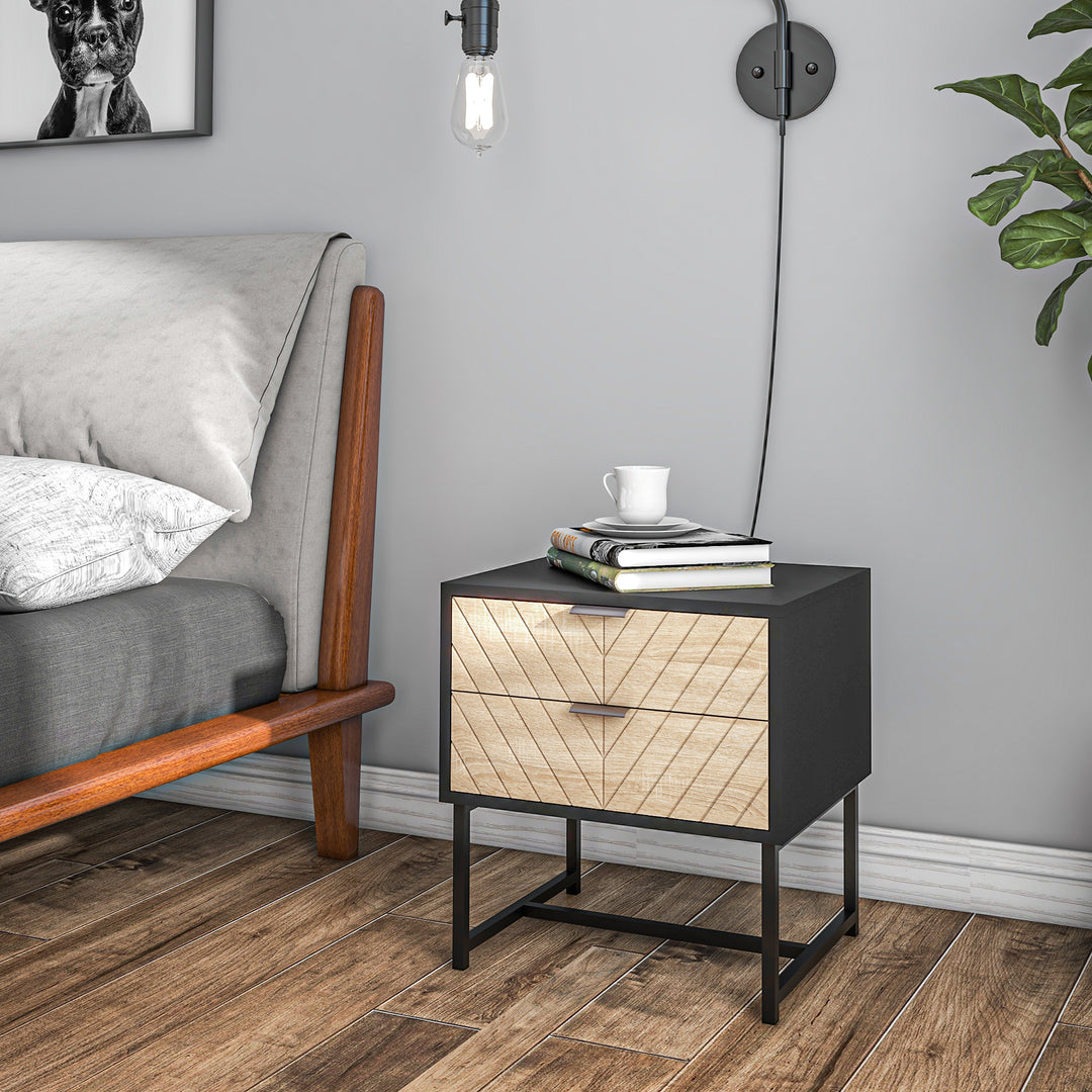 HOMCOM Modern Bedside Table with 2 Drawers and Steel Frame, Sofa Side Table for Bedroom Living Room, White and Oak