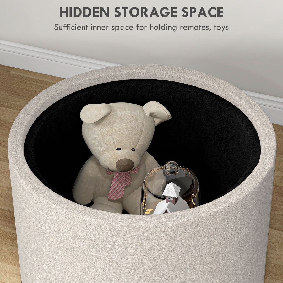 HOMCOM Round Coffee Table, End Table with Hidden Storage and Tray Top, Linen Upholstered Footrest for Living Room