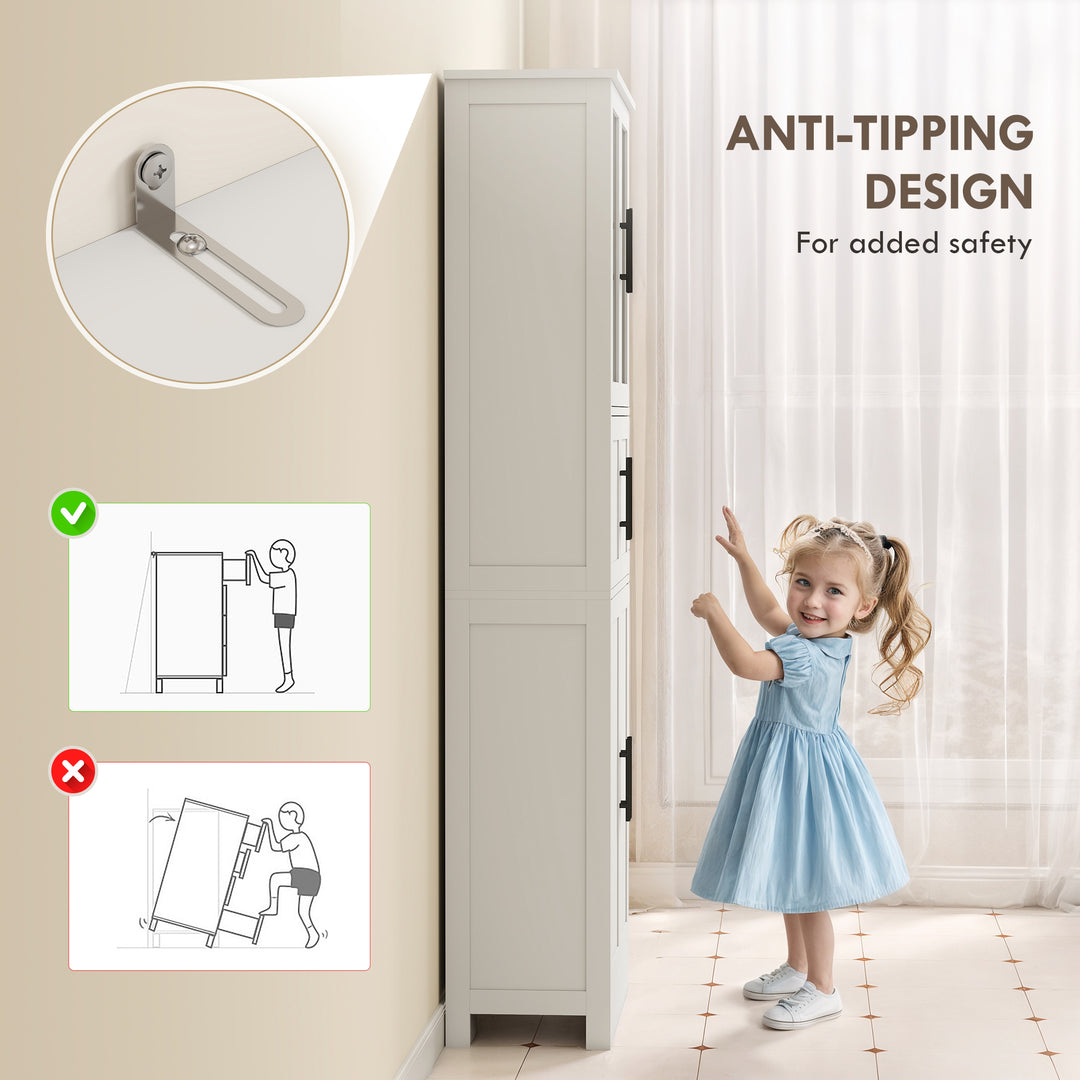 HOMCOM 67" Tall Bathroom Storage Cabinet, Modern Freestanding Bathroom Cabinet with Glass Doors and Adjustable Shelves, White