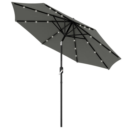 Outsunny 8.8 ft Solar Powered Outdoor Patio Umbrella Round Market Table Umbrella with Adjustable LED Lights Tilt Crank Dark Grey