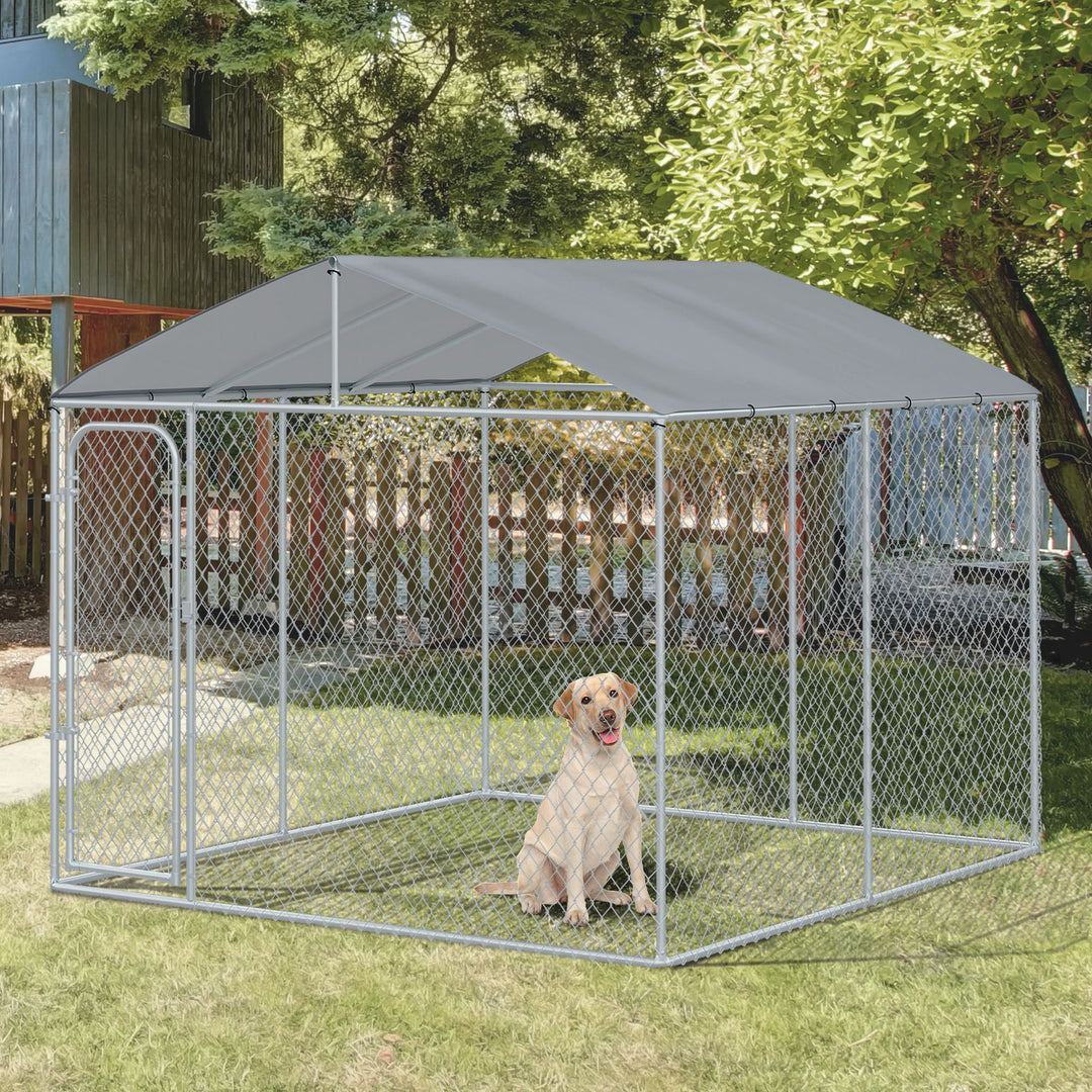 PawHut Dog Kennel Outdoor Run Fence with Roof, Steel Lock, Mesh Sidewalls for Backyard & Patio, 9.8' x 9.8' x 7.7'