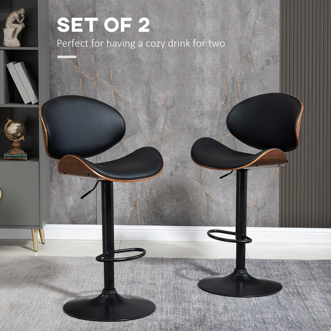 HOMCOM Bar Stools Set of 2, Modern PU Leather Adjustable Swivel Barstools with Curved Back, Footrest and Steel Base, Black
