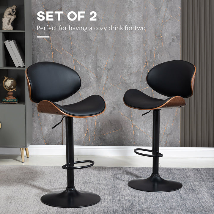 HOMCOM Bar Stools Set of 2, Modern PU Leather Adjustable Swivel Barstools with Curved Back, Footrest and Steel Base, Black