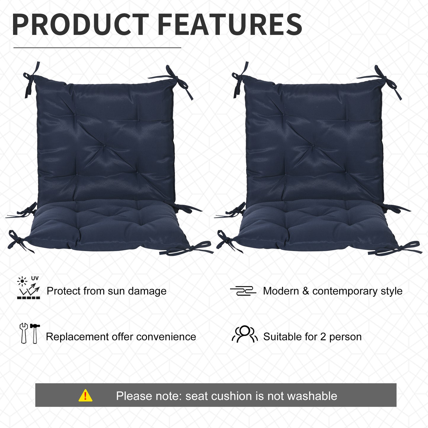 Outsunny Patio Chair Cushions Set of 2, 39" x 20" x 3" Outdoor Tufted Cushion Set with Ties for Indoor Outdoor Garden Furniture, Dark Grey