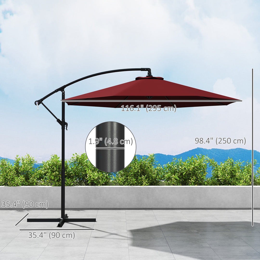 Outsunny 9.7ft Offset Patio Umbrella Garden Hanging Parasol Banana Cantilever Umbrella with Base, Crank, Wine Red