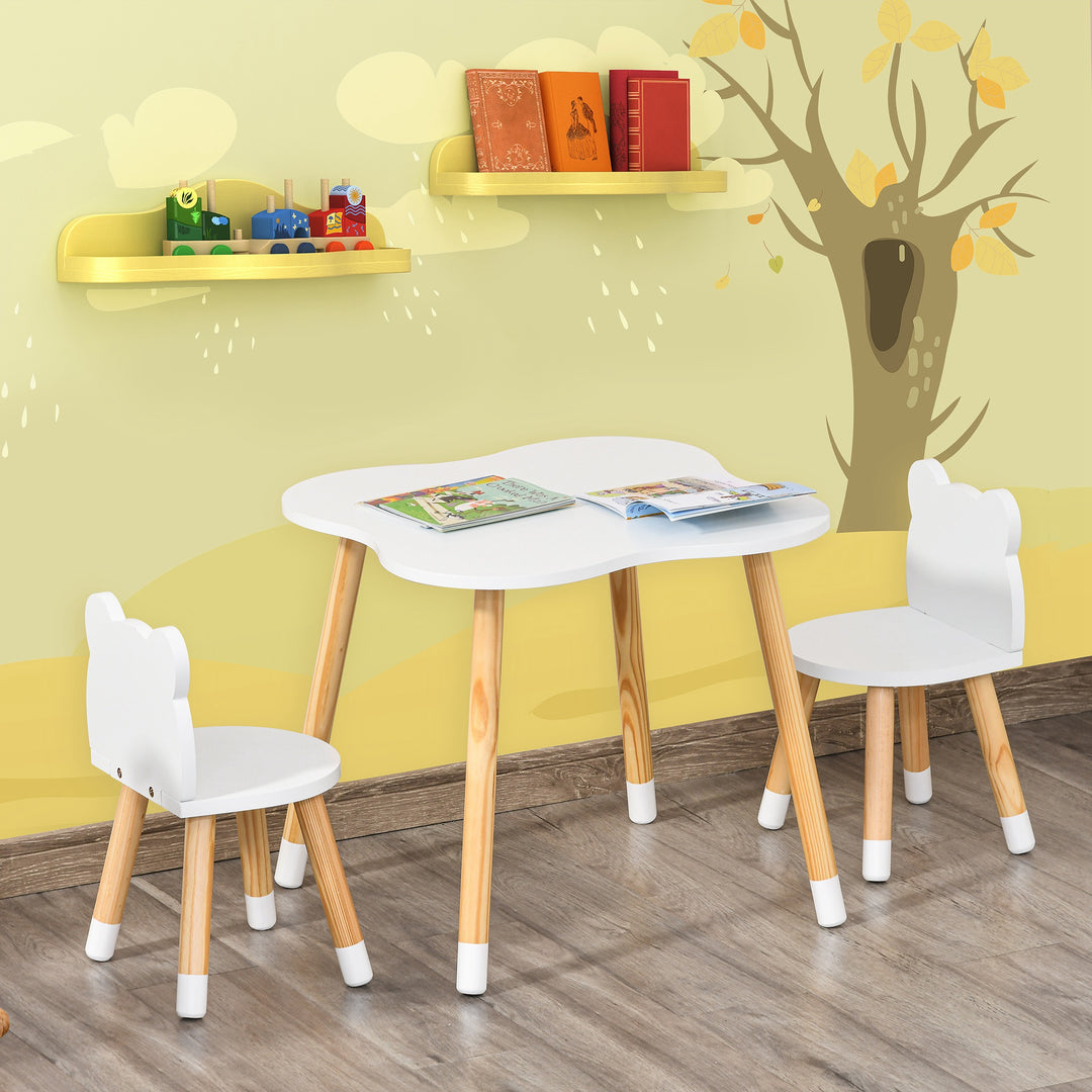 Qaba Kids Wooden Table and 2 Chairs Set, 3-Piece Dining Table with Bear Shape and Rounded Corners for 1-4 Years, White