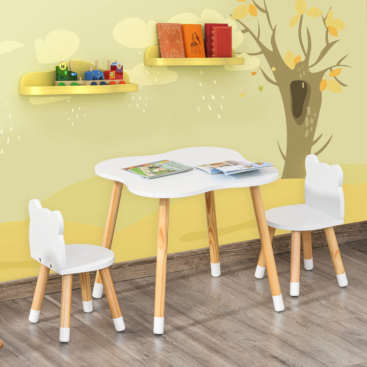 Qaba Kids Wooden Table and 2 Chairs Set, 3-Piece Dining Table with Bear Shape and Rounded Corners for 1-4 Years, White