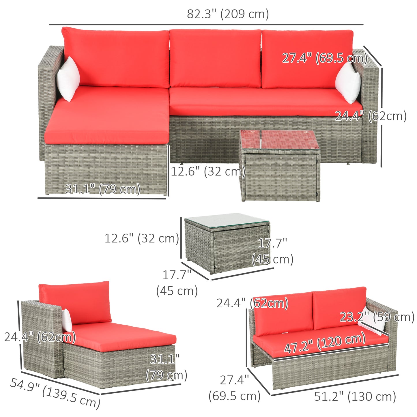 Outsunny 3-Piece Patio Furniture Set Modern Sectional Sofa Rattan Chair Wicker Conversation Set Outdoor Hand Woven Rattan Wicker Furniture Patio Coffee Table Sofa Set, Blue