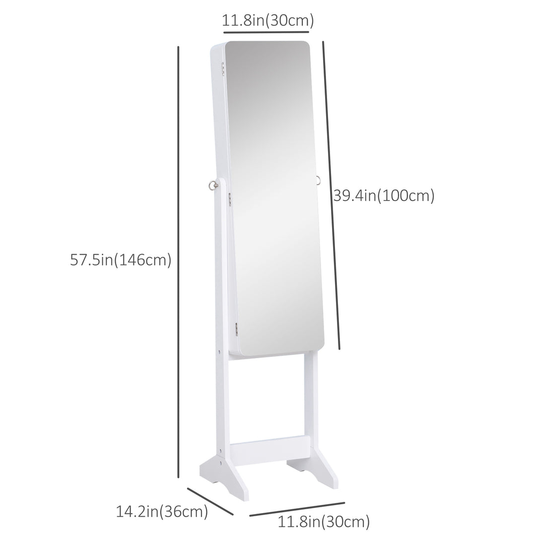 HOMCOM Freestanding Mirror Jewelry Cabinet Armoire, LED Lighted Jewelry Organizer with Stand, Angle Adjustable, White
