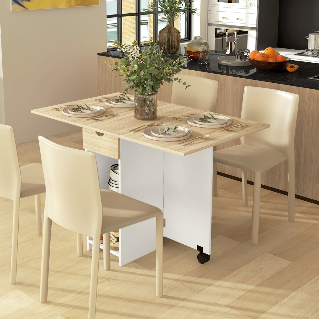 HOMCOM Folding Dining Table, Space Saving Drop Leaf Table with Drawer and Storage Shelves for Kitchen, Dining Room, Oak