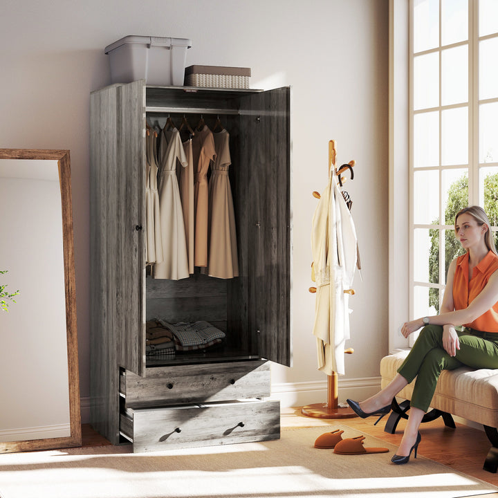 HOMCOM Modern Wardrobe Closet Armoire with 2 Drawers and Hanging Rod, Clothes Storage Organizer with Anti-tipping Design for Bedroom, White