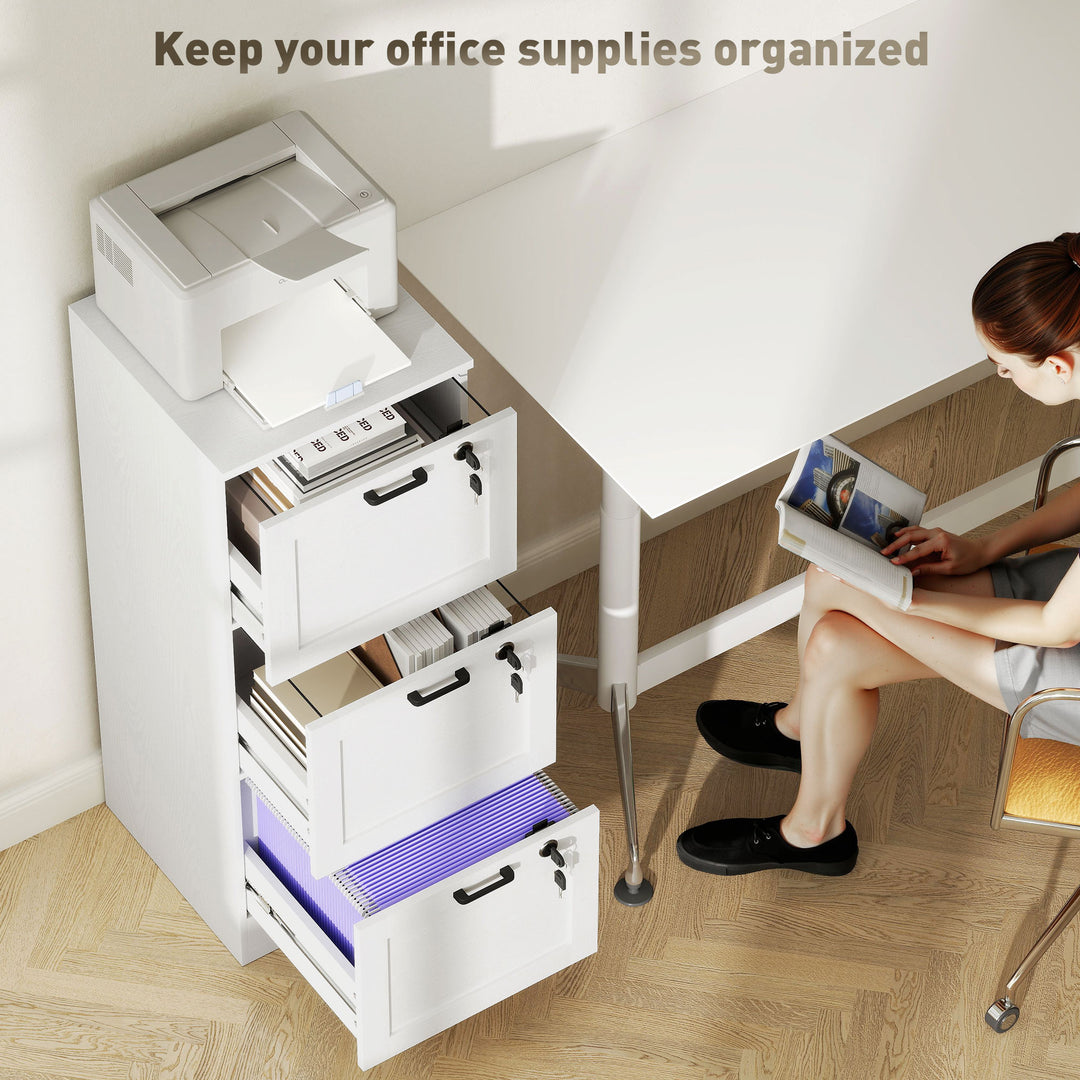 HOMCOM Vertical Filing Cabinet with 3 Drawers, Lock, File Cabinet for Home Office, A4 and Letter Size Files, White