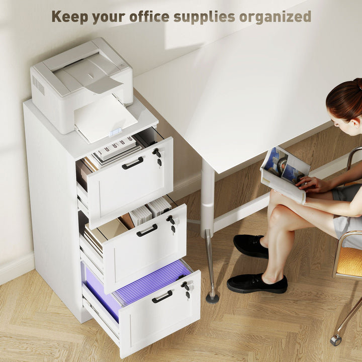 HOMCOM Vertical Filing Cabinet with 3 Drawers, Lock, File Cabinet for Home Office, A4 and Letter Size Files, White
