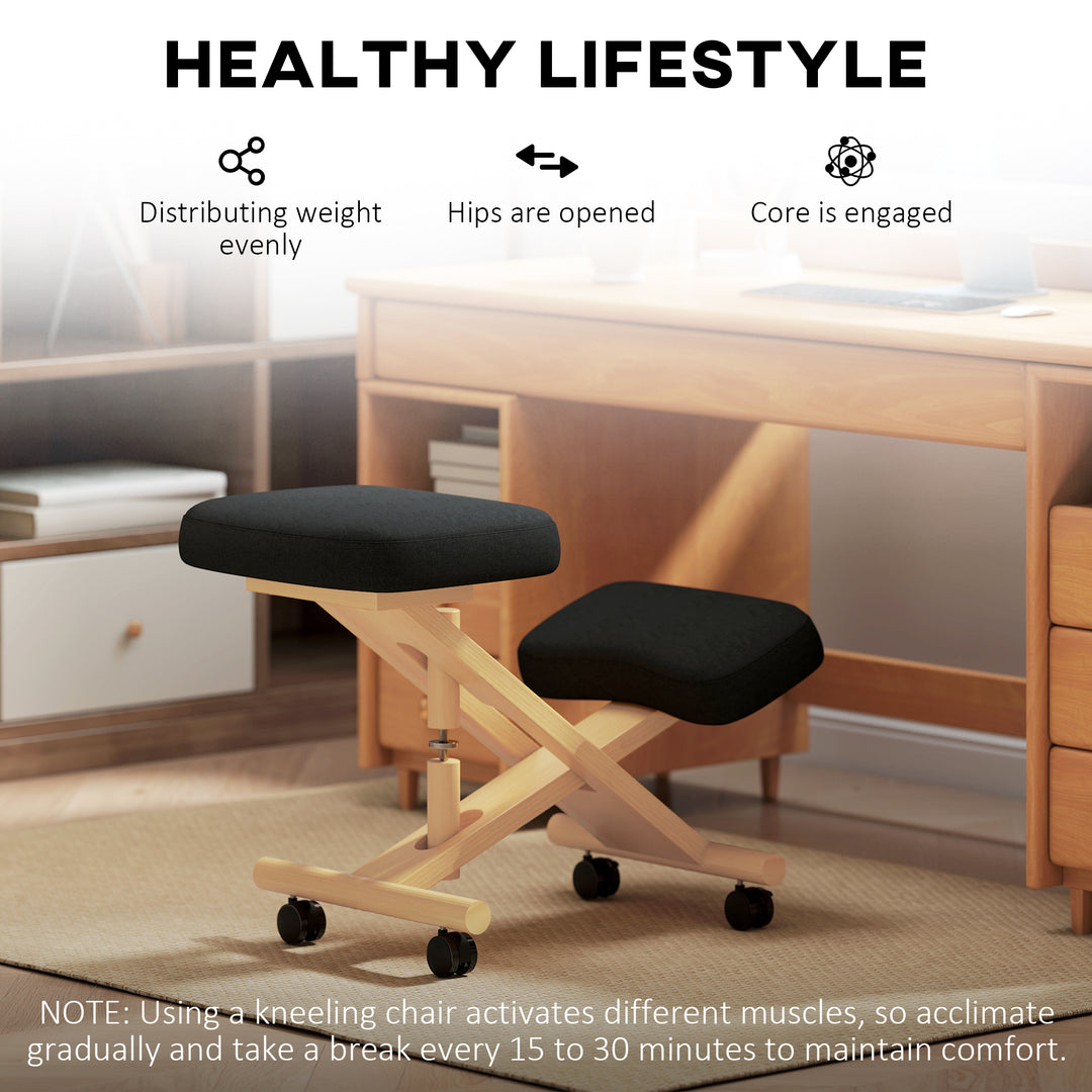 HOMCOM Ergonomic Kneeling Chair, Posture Chair with Rubberwood Frame, Wheels for Home Office, Posture Correction, Cream White