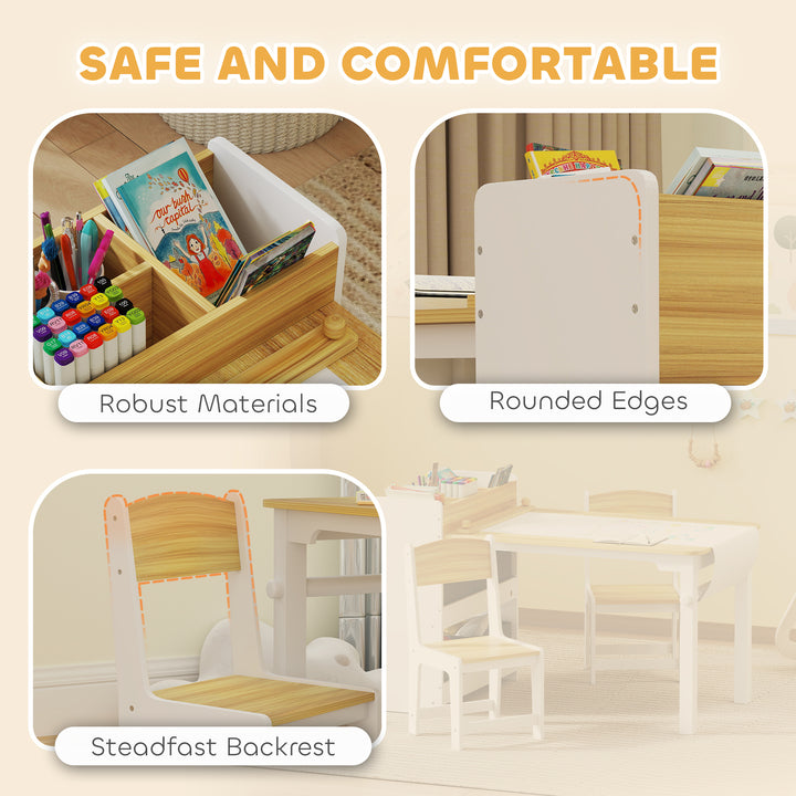 Qaba Kids Table and Chairs Set, Toddler Art Table and Chair Set with Paper Roll, Storage Shelves and Drawers, Grey