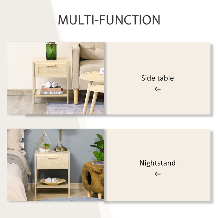 HOMCOM Narrow Nightstand with Rattan Elements, Bedside Table with Drawer and Storage Shelf for Bedroom, Natural