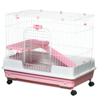 PawHut 32"L 2-Level Small Animal Cage with Universal Lockable Wheels, Pink