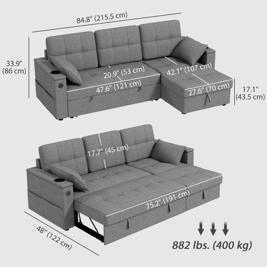 HOMCOM Convertible Sectional Sofa Bed, Pull Out Sleeper Sofa Couch with USBâ€‘A+C, Chaise Storage, L-Shaped Futon Couch, Grey