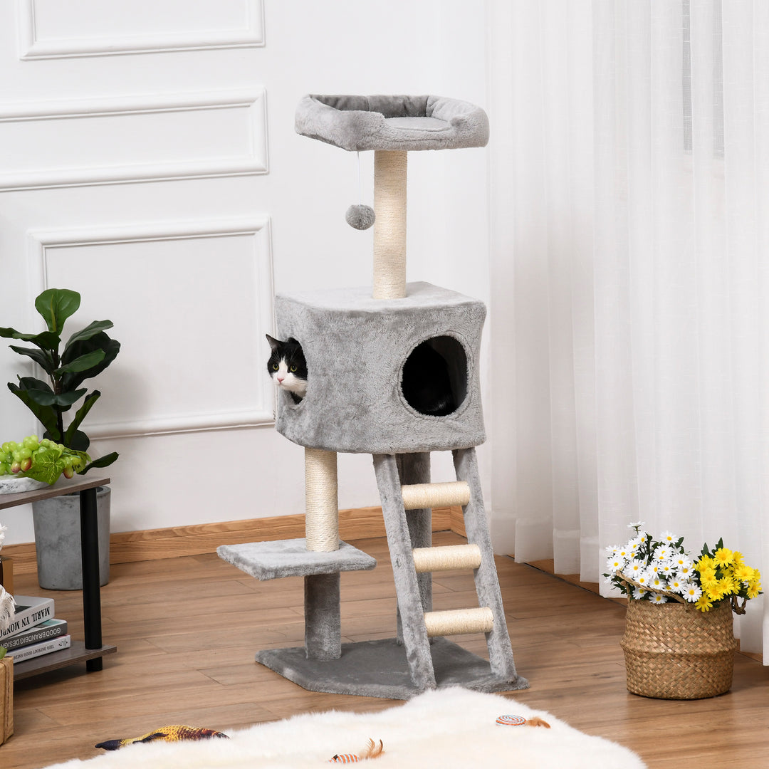 PawHut 47" Tall Cat Tree Tower with Condo, Ladder, Scratching Posts and Hanging Ball, Light Grey