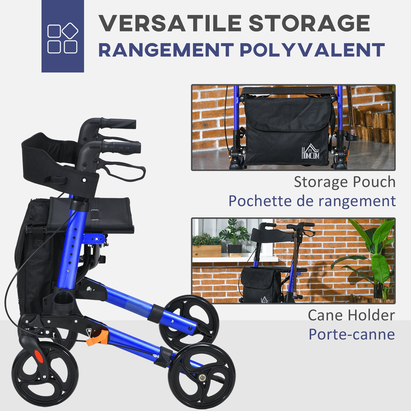 HOMCOM Rollator for Seniors with Seat, Back, Cane Holder, Aluminium Folding Rolling Walker with Adjustable Handle, Bag, Blue