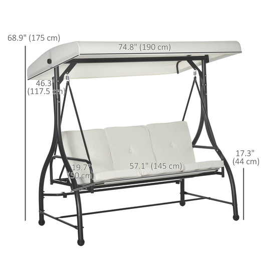 Outsunny Convertible Patio Swing Bed with Canopy and Cushions, 3 Seater Porch Swing for Outdoor, Backyard, Garden, Cream White