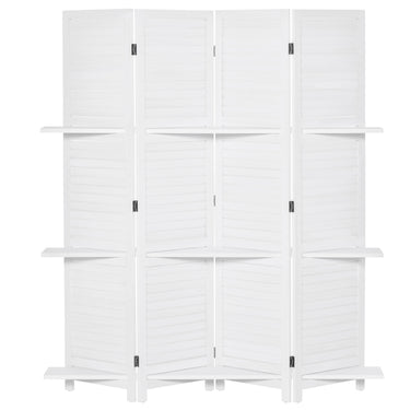 HOMCOM 4-Panel Wall Partition Room Separator with 3 Storage Shelves Foldable Design Wooden Frame 5.6FT White