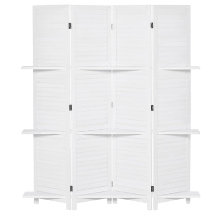 HOMCOM 4-Panel Wall Partition Room Separator with 3 Storage Shelves Foldable Design Wooden Frame 5.6FT White