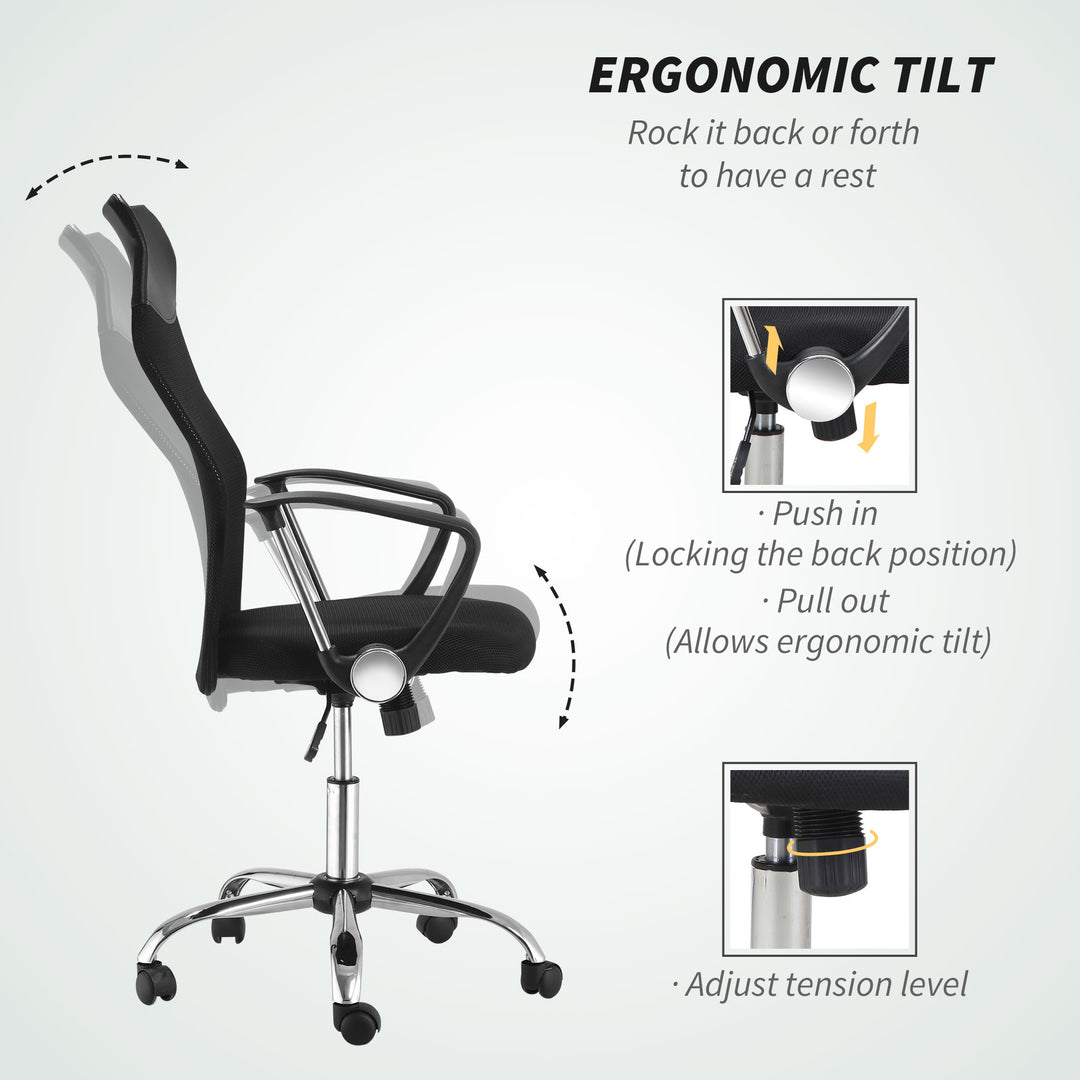 HOMCOM Ergonomic Mesh Office Chair, High Back Computer Desk Chair with Adjustable Height, Tilt Function, Armrest, 360° Swivel for Home Office, Black
