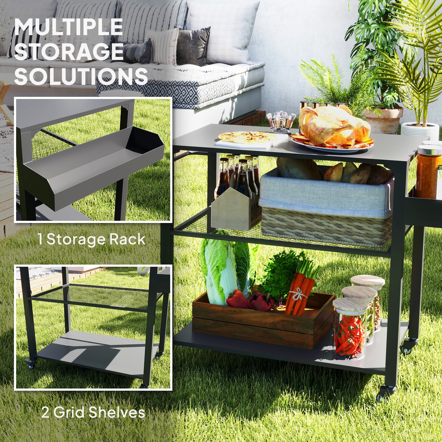 Outsunny 3-Shelf Outdoor Grill Cart Table with Foldable Side Table and Stainless Steel Table Top, Pizza Oven Stand on Wheels