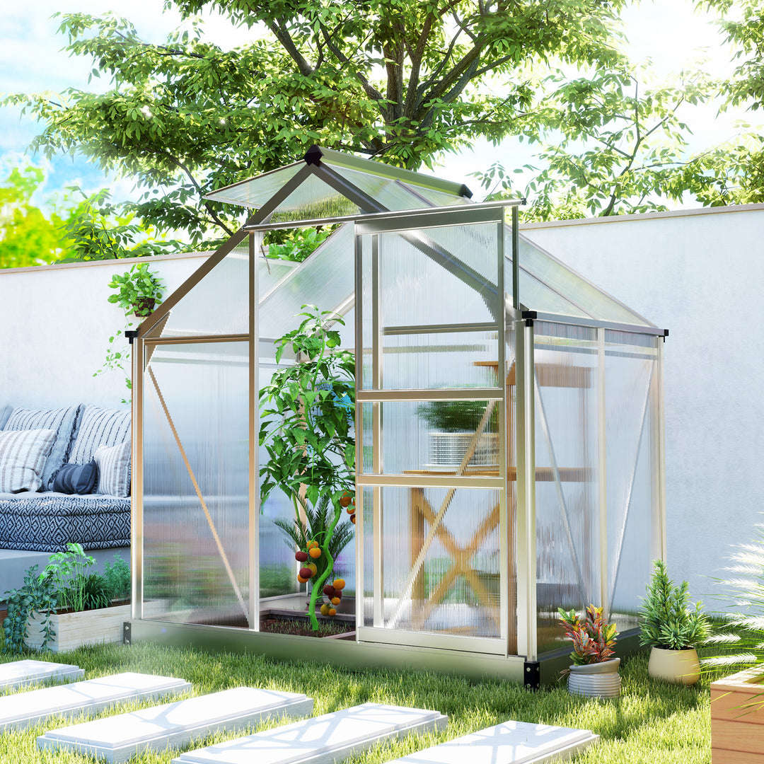 Outsunny 6.2' x 4.3' x 6.6' Clear Polycarbonate Greenhouse Large Walk-In Green House Garden Plants Grow Galvanized Base Aluminium Frame w/ Slide Door