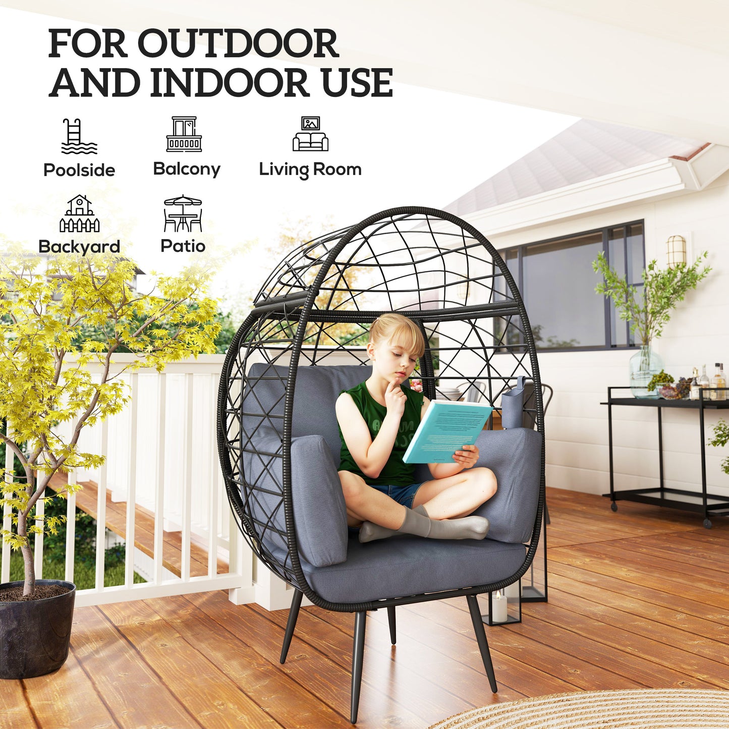 Outsunny Rattan Egg Chair, Indoor Outdoor Lounger with Cushions and Cup Holder for Backyard, Garden, Lawn, Living Room, Grey