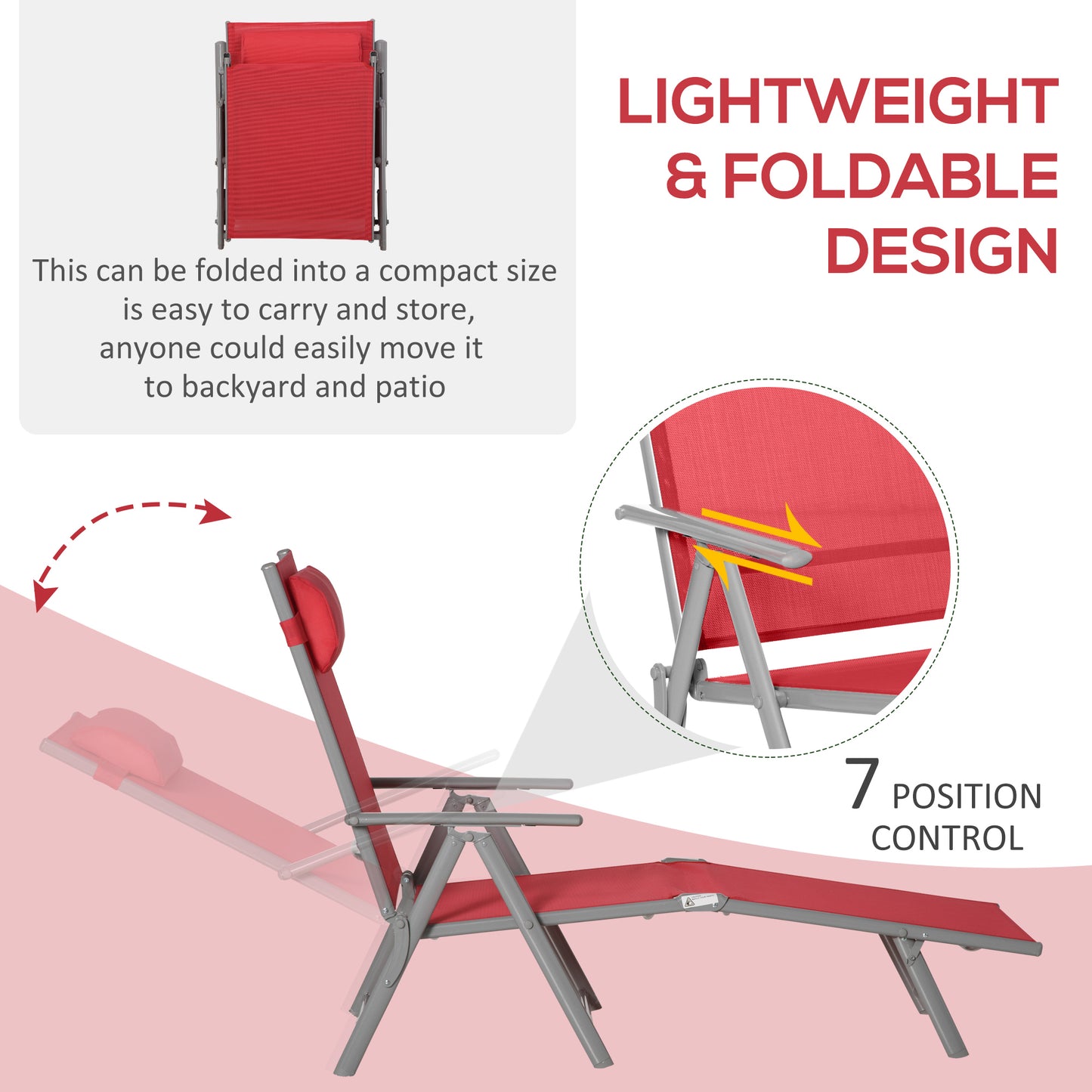 Outsunny Outdoor Folding Chaise Lounge Chair Steel Portable Recliner with 7 Adjustable Backrest Positions, Red